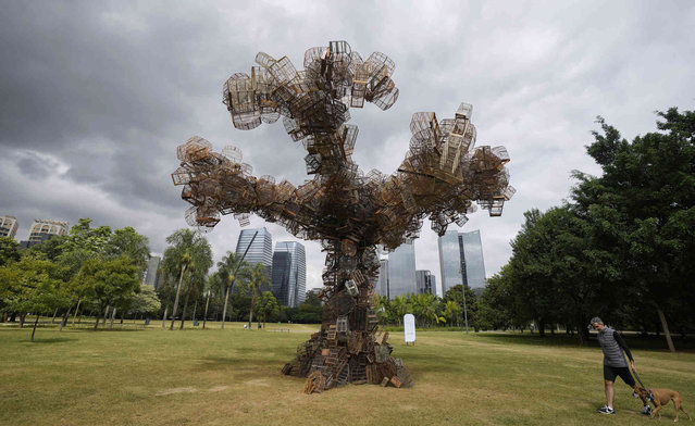 A man walks his dog past an art installation by Brazilian artist Eduardo Srur depicting a tree made with hundreds of bird cages seized by the environmental police from animal traffickers at the Parque do Povo park in Sao Paulo, Brazil, Friday, May 6, 2022. According to the artist, the exhibition “Vida Livre”, or “Free Life”, intends to provoke society to rethink the culture of trapped animals for human entertainment. (Photo by Andre Penner/AP Photo)