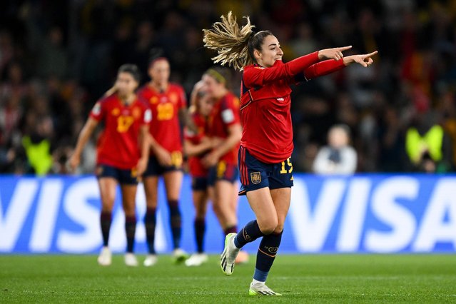 Olga Carmona of Spain celebrates after scoring a goal during the FIFA Women's World Cup 2023 Final soccer match between Spain and England at Stadium Australia in Sydney, Australia on August 20, 2023. (Photo by Dean Lewins/EPA)