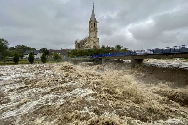 A torrent of water flows along the river Bela during heavy rain on September 14, 2024 in Mikulovice, Czech Republic.There have been extreme weather and flood warnings as heavy rainfall sweeps the Czech Republic, Poland, Germany, Austria and Slovakia. (Photo by Gabriel Kuchta/Getty Images)