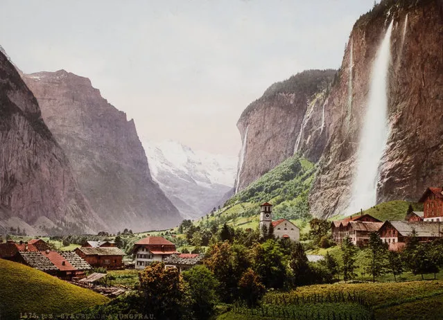 Creating a photochrome involved taking detailed notes on the colours present in the photographed scene, and then hand-colouring the negative. Here: Lauterbrunnen and the Staubbach waterfall, Switzerland. Circa 1900. (Photo by Swiss Camera Museum/The Guardian)