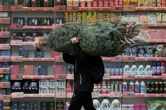 A man carries a Christmas tree amid the coronavirus disease (COVID-19) outbreak, in Fulham, London, Britain on December 24, 2021. (Photo by Kevin Coombs/Reuters)