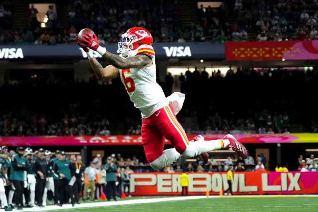 Kansas City Chiefs safety Bryan Cook (6) intercepts a pass during the first half of the NFL Super Bowl 59 football game against the Philadelphia Eagles, Sunday, February 9, 2025, in New Orleans. (Photo by George Walker IV/AP Photo)