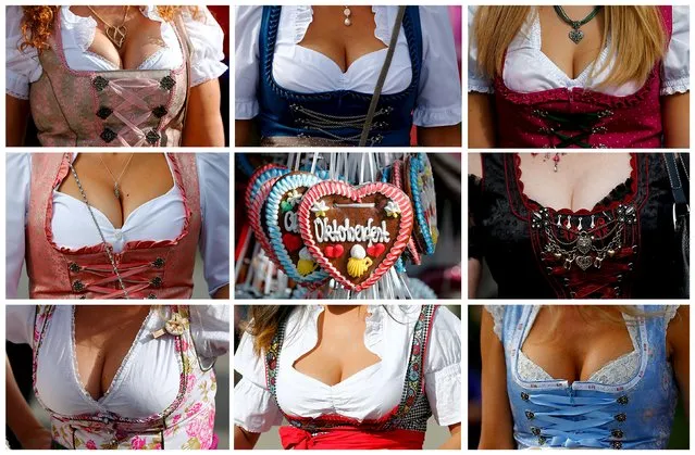 A combination picture shows the cleavage of Oktoberfest visitors wearing traditional Bavarian dirndl dresses during the 182nd Oktoberfest in Munich, Germany, September 19, 2015. (Photo by Michael Dalder/Reuters)