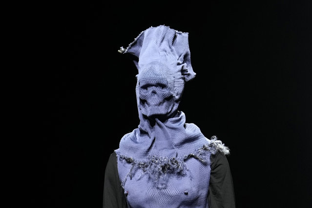 A model presents a creation by Anurag Gupta during the Fashion Design Council of India (FDCI) Lakme Fashion Week (LFW) in Mumbai, India, Thursday, March 27, 2025. (Photo by Rajanish Kakade/AP Photo)