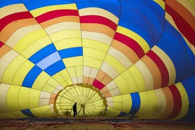 A crew member prepares a hot air balloon for take off during the 2015 Albuquerque International Balloon Fiesta in Albuquerque, New Mexico, October 4, 2015. (Photo by Lucas Jackson/Reuters)