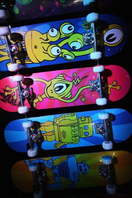 Skateboards are displayed on a trade stand during the 2013 London Toy Fair at Olympia Exhibition Centre on January 22, 2013 in London, England. The annual fair which is organised by the British Toy and Hobby Association, brings together toy manufacturers and retailers from around the world.  (Photo by Dan Kitwood)