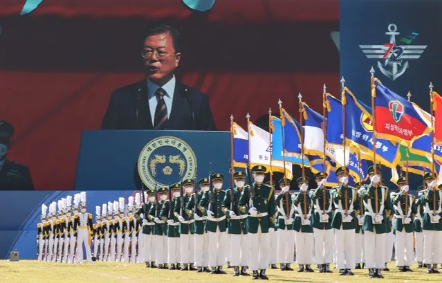South Korean President Moon Jae-in delivers a congratulatory speech during a ceremony to mark the 72nd Armed Forces Day at the Special Warfare Command in Icheon, South Korea, 25 September 2020. The anniversary falls on 01 October 1. (Photo by Yonhap/EPA/EFE/Rex Features/Shutterstock)