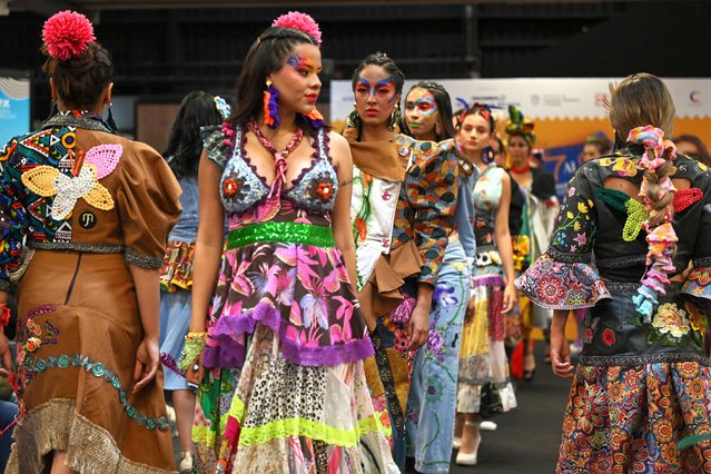 Models present creations by Colombian designer Monica Fonnegra as part of the Createx fair in Bogota on May 7, 2024. (Photo by Raul Arboleda/AFP Photo)