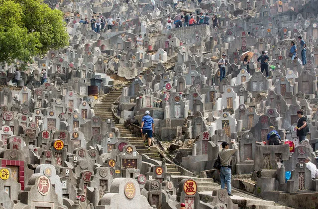 People attend to the tombs of relatives and friends during the Ching Ming Festival, also known as Tomb Sweeping Day, honouring the dead at a cemetery in Hong Kong on April 5, 2018. (Photo by Isaac Lawrence/AFP Photo)