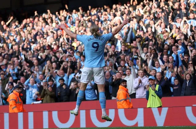 Erling Haaland of Manchester City celebrates after scoring the team's third goal during the Premier League match between Manchester City and Leicester City at Etihad Stadium on April 15, 2023 in Manchester, England. (Photo by Lee Smith/Action Images via Reuters)