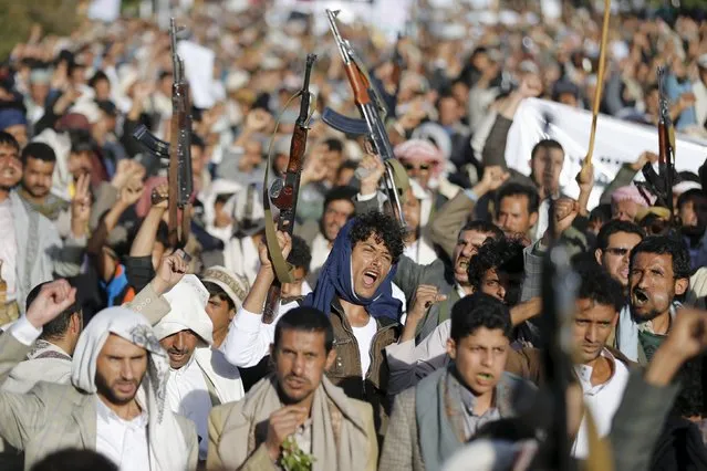 Houthi loyalists shout slogans during a demonstration against Saudi-led strikes in Yemen's capital Sanaa November 20, 2015. (Photo by Khaled Abdullah/Reuters)