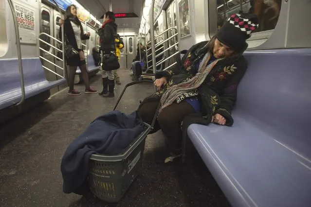 A woman sleeps as people take part in the “No Pants Subway Ride” in the Manhattan borough of New York January 11, 2015. (Photo by Carlo Allegri/Reuters)