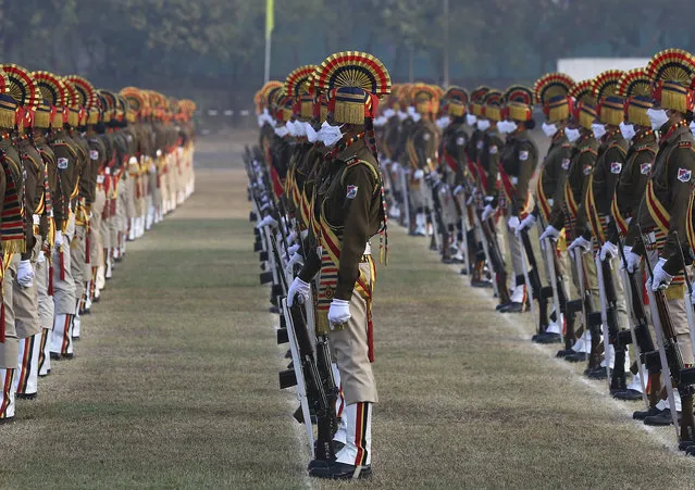Indian Railway Protection Force (RPF) personnel march during Republic Day celebrations in Hyderabad, India, Tuesday, January 26, 2021. Tuesday's event marks the anniversary of the country's democratic constitution taking force in 1950. (Photo by Mahesh Kumar A./AP Photo)
