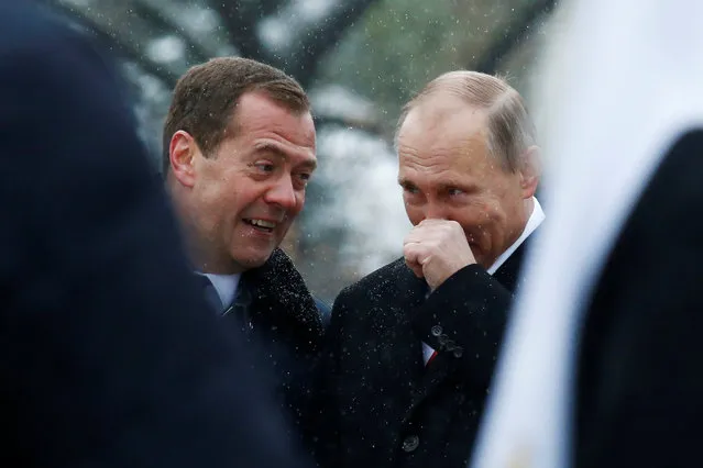 Russian President Vladimir Putin and Prime Minister Dmitry Medvedev  attend a ceremony to unveil a monument of grand prince Vladimir I, who initiated the christianization of Kievan Rus' in 988AD, on National Unity Day in central Moscow, Russia, November 4, 2016. (Photo by Sergei Karpukhin/Reuters)