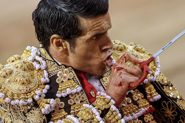 Spanish bullfighter Emilio de Justo in action during the Fall Fair Bullfight at Las Ventas bullring in Madrid, Spain, 12 October 2024. (Photo by Daniel Gonzalez/EPA/EFE)