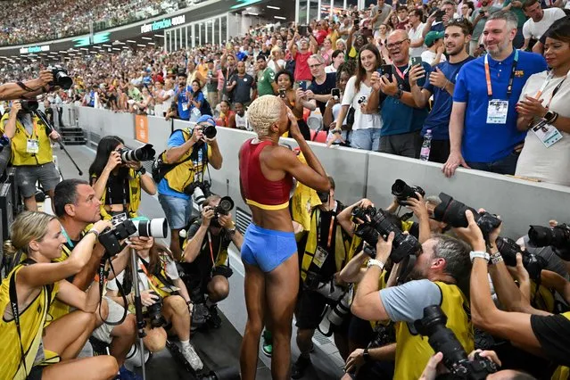 Venezuela's Yulimar Rojas celebrates winning in the women's triple jump final during the World Athletics Championships at the National Athletics Centre in Budapest on August 25, 2023.  (Photo by Andrej Isakovic/AFP Photo)
