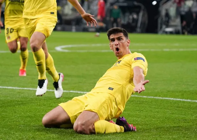 Villareal's Gerard Moreno celebrates after scoring his side's opening goal during the Europa League final soccer match between Manchester United and Villarreal in Gdansk, Poland, Wednesday May 26, 2021. (Photo by Janek Skarzynski/Pool via AP Photo)