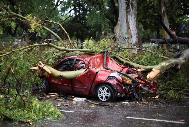 Tree branches lie on top of a damaged car after a severe storm, in Buenos Aires, Argentina on December 17, 2023. (Photo by Agustin Marcarian/Reuters)