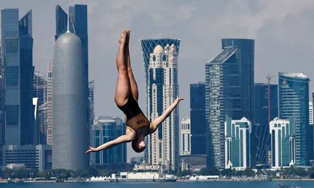 Maike Elena Halbisch of Team Germany competes in the Women's 20m High Diving Round 3 on day thirteen of the Doha 2024 World Aquatics Championships at Doha Port on February 14, 2024 in Doha, Qatar. (Photo by Clodagh Kilcoyne/Reuters)