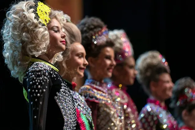 Competitors line up during the first day of the World Irish Dance Championships (Oireachtas Rince na Cruinne 2024), at the Scottish Event Campus in Glasgow, Scotland, on Sunday March 24, 2024. (Photo by Jane Barlow/AP Photo)