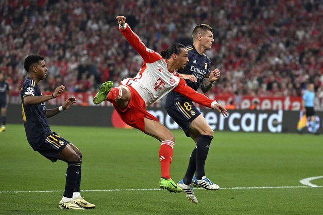 Bayern's Leroy Sane scores his side's first goal during the Champions League, semifinal first leg, soccer match between FC Bayern Munich and Real Madrid in Munich, Germany, Tuesday, April 30, 2024. (Photo by Sven Hoppe/dpa via AP Photo)