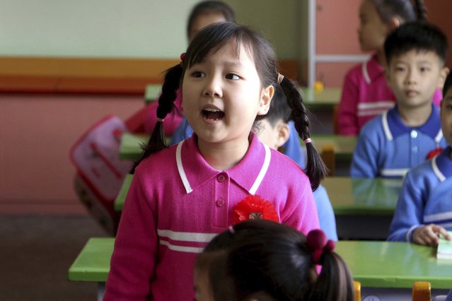 New schoolchildren of Ryonhwa Primary School take the first lesson in Central District in Pyongyang, North Korea, Monday, April 1, 2024. (Photo by Cha Song Ho/AP Photo)