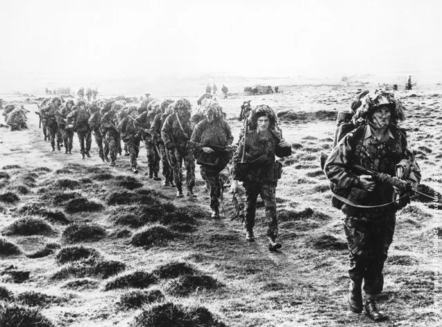 A line of British soldiers in camouflage advancing during the Falklands War