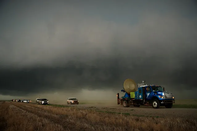 The Doppler on Wheels (DOW) vehicle arrives on the scene of a supercell thunderstorm during a tornado research mission, May 10, 2017 in Olustee, Oklahom. (Photo by Drew Angerer/Getty Images)