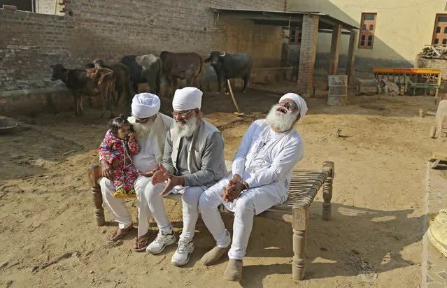 In this December 23, 2016 photo, Gurdev Singh, right, laughs as he sits on a cot next to his elder brothers Puran Singh, second right, and Hazur Singh holding his niece Gurjeet, left, in the compound of their house in Ellenabad, India. Gurjeet is the child Gurdev Singh's wife Manjeet Kaur yearned for desperately, after 40 years of being that thing which a rural Indian woman dreads more than almost anything else – barren. She gave birth at 58 years old, with help from a controversial IVF clinic in this corner of north India that specializes in fertility treatments for women over 50. (Photo by Altaf Qadri/AP Photo)