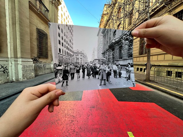 An archive handout photograph provided to Reuters by Documentation and Archive Foundation of the Vicarage of Solidarity (FUNVISOL) during a rally in support of Vicarage of Solidarity's workers in downtown Santiago taken in 1986, is pictured in the same place where the protest took place, as Chile marks 50 years since Pinochet's military coup, in Santiago, Chile on August 27, 2023. (Photo by Ivan Alvarado/Reuters)