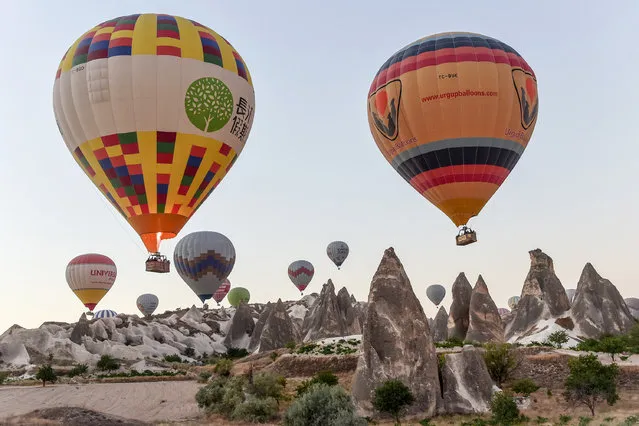 Hot air balloons glide during a flight over Nevsehir in Turkey's historical Cappadocia region, Central Anatolia, eastern Turkey, on September 5, 2017. The rides by hot air balloon start in the morning as the balloons cannot fly at temperatures over 28 degrees Celsius and during extreme windy conditions. Cappadocia is one of the most famous tourist sites in Turkey and has been listed as a World Heritage Site in 1985. (Photo by Yasin Akgul/AFP Photo)
