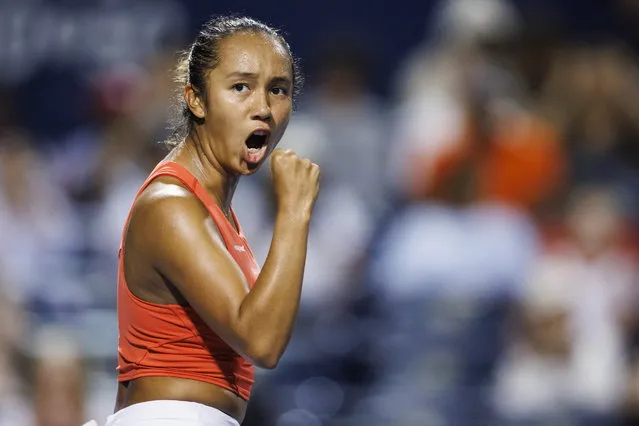 Leylah Fernandez, of Canada, celebrates a point against Storm Sanders, of Australia, during women's tennis action at the National Bank Open tennis tournament in Toronto, Monday, August 8, 2022. (Photo by Cole Burston/The Canadian Press via AP Photo)
