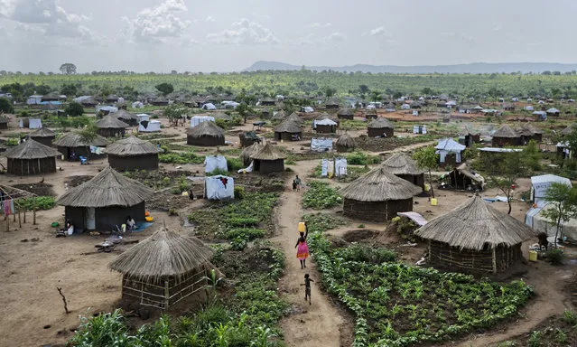 In this Friday, June 9, 2017 file photo, women and children return home with plastic containers of water, in a section of the sprawling complex of mud-brick houses and tents that makes up the Bidi Bidi South Sudanese refugee settlement in northern Uganda. (Photo by Ben Curtis/AP Photo)