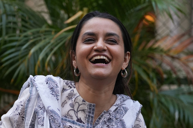 Director Payal Kapadia reacts as she posses after her interview with Reuters inside a college premises in Mumbai, India, on December 21, 2024. (Photo by Hemanshi Kamani/Reuters)