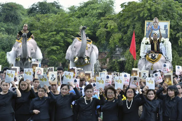 Elephants doused in powder to appear an auspicious white, stand to attention and trumpet at a ceremony to mark one year since King Bhumibol Adulyadej's death Friday, October 13, 2017, in the ancient royal capital Ayuttahya, Thailand. (Photo by AP Photo/Stringer)