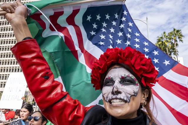 Demonstrators protest during a rally against President Donald Trump's crackdown on illegal immigration, Saturday, February 8, 2025, in Los Angeles. (Photo by The Mega Agency)