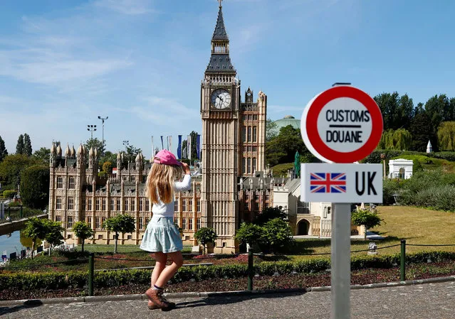 A model of a customs road sign is seen at the border of United Kingdom and European Union during the reopening of 'mini-Europe' theme park where people can wonder across small scale models of European capitals landmarks as Belgium began easing lockdown restrictions amid the coronavirus disease (COVID-19) outbreak, in Brussels, Belgium, May 18, 2020. (Photo by Francois Lenoir/Reuters)