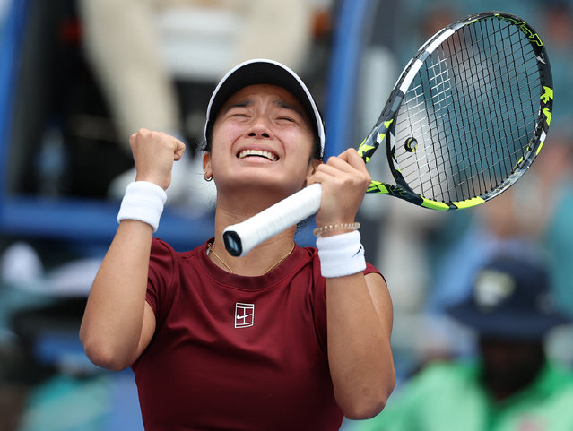 Alexandra Eala of the Philippines reacts at match point after defeating Iga Swiatek of Poland on Day 9 of the Miami Open at Hard Rock Stadium on March 26, 2025 in Miami Gardens, Florida. (Phoot by Al Bello/Getty Images/AFP Photo)