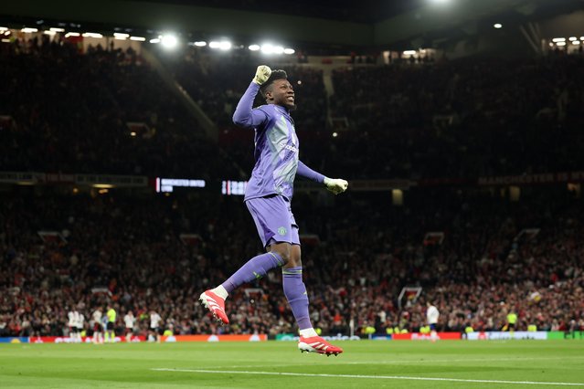Andre Onana of Manchester United celebrates after Diogo Dalot of Manchester United (not pictured) scores his team's second goal during the UEFA Europa League 2024/25 Quarter Final Second Leg match between Manchester United and Olympique Lyonnais at Old Trafford on April 17, 2025 in Manchester, England. (Photo by Carl Recine/Getty Images)