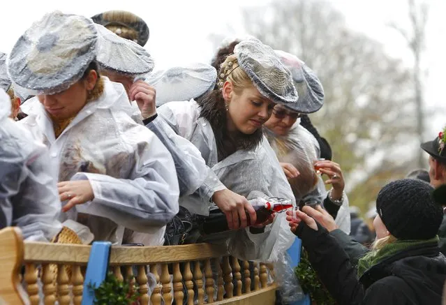 Farmers' wives dressed in traditional Bavarian costumes offer Schnapps, a strong alcoholic beverage, to people during the Leonhard procession in Bad Toelz November 6, 2014. (Photo by Michaela Rehle/Reuters)