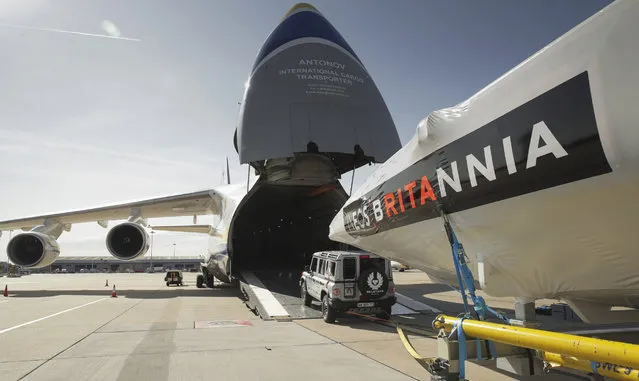 The INEOS TEAM UK America"u2019s Cup race boat being towed onto an Antonov cargo plane by the teams new prototype INEOS “u2018Grenadier” u2019 4x4 at the start of its journey to Auckland, New Zealand on September 28, 2020 in Stansted, United Kingdom. (Photo by Lloyd Images/Getty Images)