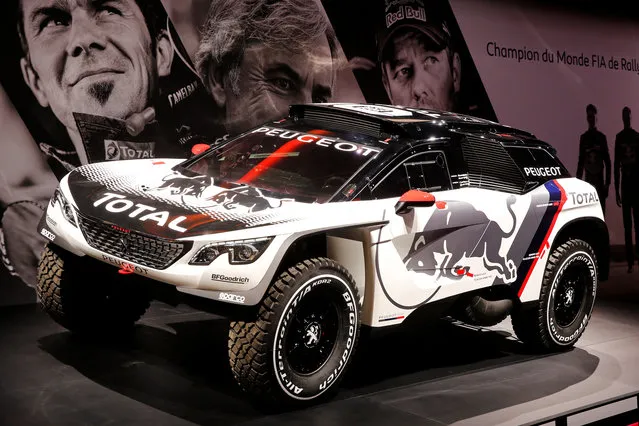 The Peugeot 3008 DKR car is displayed on media day at the Paris auto show, in Paris, France, September 29, 2016. (Photo by Benoit Tessier/Reuters)
