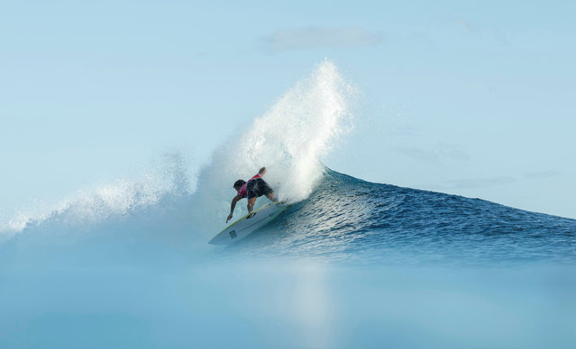 Brazil's Filipe Toledo snaps off the top of a wave in the 8th heat of the men's surfing round 2, during the Paris 2024 Olympic Games, in Teahupo'o, on the French Polynesian Island of Tahiti, on July 28, 2024. (Photo by Ben Thouard/AFP Photo)