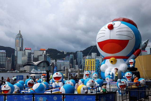 Installations of the character Doraemon are displayed at the “100% DORAEMON & FRIENDS” tour exhibition in Hong Kong on July 12, 2024. (Photo by Tyrone Siu/Reuters)