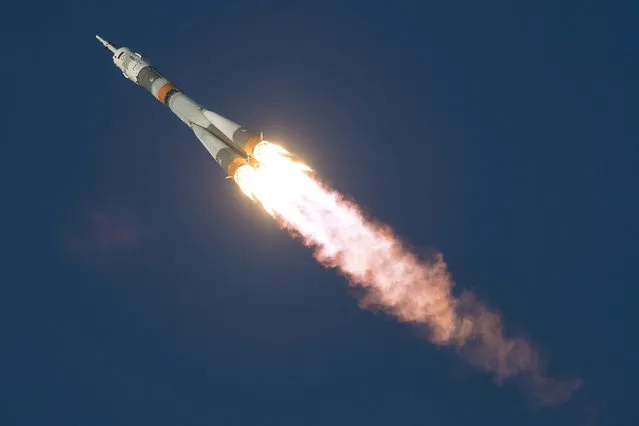 In this handout image supplied by NASA, The Soyuz TMA-19M rocket with Expedition 46 Soyuz Commander Yuri Malenchenko of the Russian Federal Space Agency (Roscosmos), Flight Engineer Tim Kopra of NASA, and Flight Engineer Tim Peake of ESA (European Space Agency) launches into space from Baikonur cosmodrome on December 15, 2015 in Baikonur, Kazakhstan. Soyuz TMA-19M is carrying crew members Soyuz Commander Yuri Malenchenko of the Russian Federal Space Agency (Roscosmos. (Photo by Joel Kowsky via Getty Images/NASA)