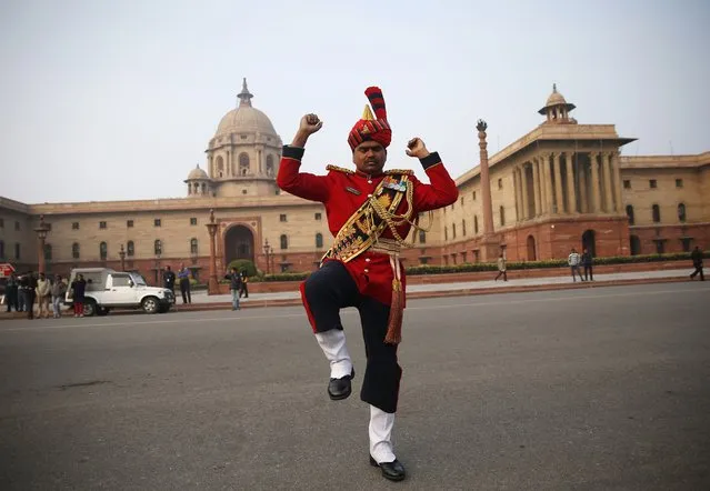 A member of the Indian military band rehearses for the “Beating the Retreat” ceremony in New Delhi January 27, 2015. (Photo by Ahmad Masood/Reuters)