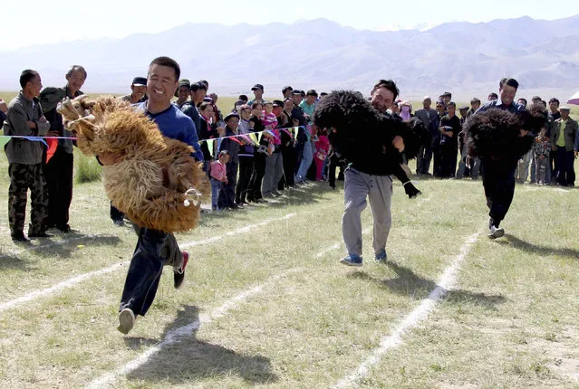 Participants run as they carry their sheep during a “Running with Sheep” race in Yiwu county, Xinjiang Uighur Autonomous Region, August 22, 2013. The event is part of a harvest celebration activity which also includes a sheep beauty contest and a sheep slaughter. (Photo by Reuters/China Daily)