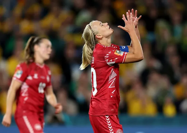 Pernille Harder of Denmark reacts during the FIFA Women's World Cup Australia & New Zealand 2023 Round of 16 match between Australia and Denmark at Stadium Australia on August 07, 2023 in Sydney / Gadigal, Australia. (Photo by Mark Metcalfe – FIFA/FIFA via Getty Images)