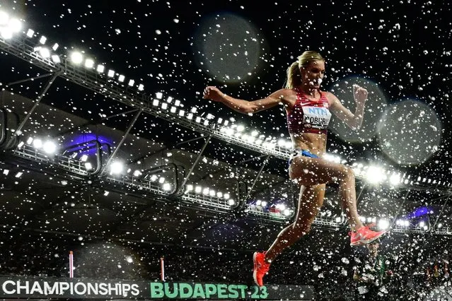 USA's Emma Coburn competes in the women's 3000m steeplechase heat 2 during the World Athletics Championships at the National Athletics Centre in Budapest on August 23, 2023. (Photo by Ben Stansall/AFP Photo)