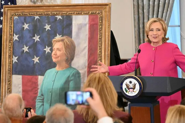 Former Secretary of State Hillary Clinton speaks at the unveiling of her portrait, in the Benjamin Franklin Room of the US Department of State in Washington, DC, on September 26, 2023. (Photo by Mandel Ngan/AFP Photo)